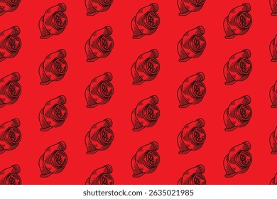 auto turbo charger engraving line art seamless pattern on red background. retro booster system hatching pattern wallpaper for sport, automotive, garage, spare part, industry merchandise