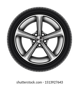 Auto tyre or isolated automobile wheel on white. Car tire or automotive tire with star disk. Bus or auto vehicle, truck or lorry rubber element for road. Vehicle and transportation, tyre balancing