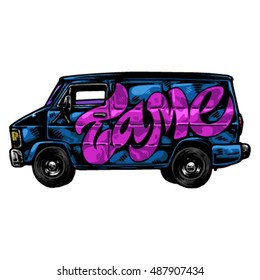 Auto van with graffiti on board. Vector graphics.