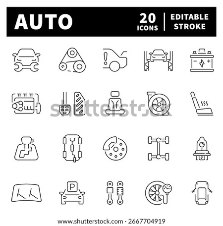Auto vector icons in line style. Automotive line icons set.