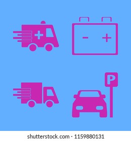 auto vector icons set. with ambulance car, parked car, car battery and fast delivery truck in set