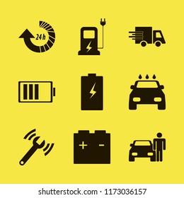auto vector icons set. with fast delivery truck, diagnostycs wrench, man with car and car battery in set