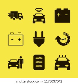 auto vector icons set. with man with car, fast delivery truck, plug and car battery in set