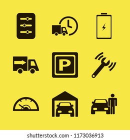auto vector icons set. with private garage, parking sign, speedometer and diagnostycs wrench in set