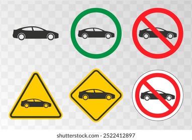 Auto vehicle traffic sign charging station symbol icon set.  Car prohibition logo sign collection.  Vector illustration image. No cars Allowed