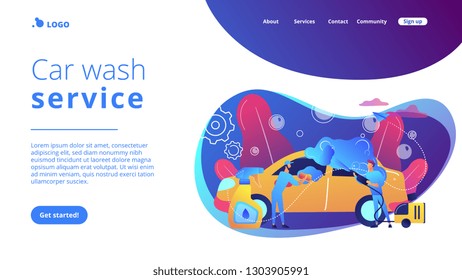 Auto Wash Attendants Cleaning The Exterior Of The Vehicle With Special Equipment. Car Wash Service, Automatic Carwash, Self-serve Car Wash Concept. Website Vibrant Violet Landing Web Page Template.