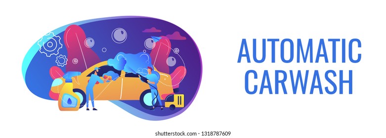 Auto wash attendants cleaning the exterior of the vehicle with special equipment. Car wash service, automatic carwash, self-serve car wash concept. Header or footer banner template with copy space.