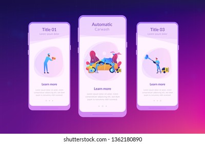 Auto wash attendants cleaning the exterior of the vehicle with special equipment. Car wash service, automatic carwash, self-serve car wash concept. Mobile UI UX GUI template, app interface wireframe