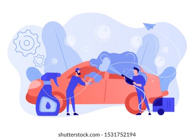 Auto wash attendants cleaning the exterior of the vehicle with special equipment. Car wash service, automatic carwash, self-serve car wash concept. Pinkish coral bluevector isolated illustration