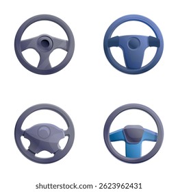 Auto wheel icons set cartoon vector. Different car steering wheel. Auto part for control drive and turn