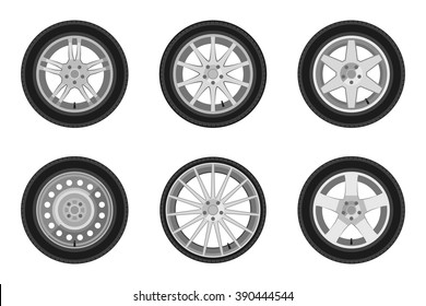 Auto wheels flat icons. Vector simple illustration of different wheels.