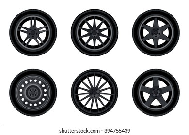 Auto wheels flat icons. Vector simple illustration of different black wheels.