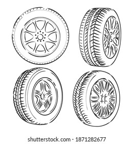 Auto wheels line icons. Vector thin line illustration of different wheels. wheel vector sketch illustration