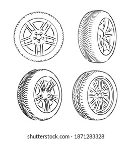 Auto wheels line icons. Vector thin line illustration of different wheels. wheel vector sketch illustration