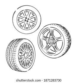 Auto wheels line icons. Vector thin line illustration of different wheels. wheel vector sketch illustration