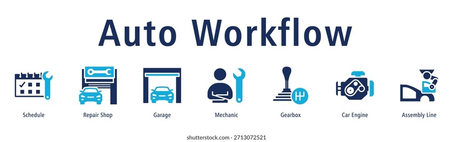 Ilustración vectorial de iconos de Anuncio de Web de flujo de trabajo automático con iconos de horario, taller de reparación, garaje, mecánico, caja de cambios, motor de coche y línea de montaje.