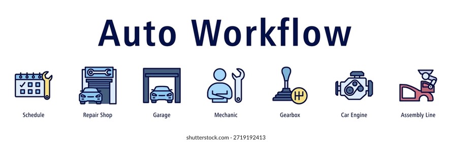 Ilustración vectorial de iconos de Anuncio de Web de flujo de trabajo automático con iconos de horario, taller de reparación, garaje, mecánico, caja de cambios, motor de coche y línea de montaje.