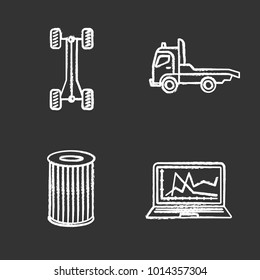 Auto workshop chalk icons set. Car chassis frame, tow truck, air filter, computer diagnostics. Isolated vector chalkboard illustrations