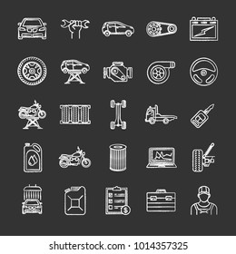 Auto workshop chalk icons set. Car service. Instruments, equipment and spare parts. Isolated vector chalkboard illustrations