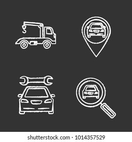 Auto Workshop Chalk Icons Set. Tow Truck, Gps Navigation, Repair Service, Car Searching. Isolated Vector Chalkboard Illustrations