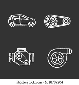 Auto workshop chalk icons set. Car, sprocket wheel, engine, turbocharger. Isolated vector chalkboard illustrations