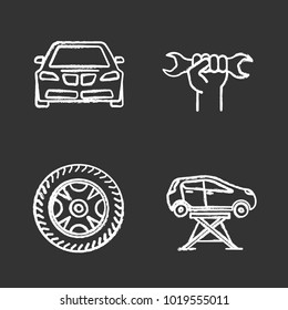 Auto workshop chalk icons set. Car, wrench in hand, car rim and tire, auto repair jack. Isolated vector chalkboard illustrations