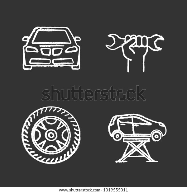 Auto workshop chalk icons set. Car, wrench\
in hand, car rim and tire, auto repair jack. Isolated vector\
chalkboard illustrations