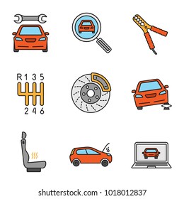 Auto workshop color icons set. Repair service, car searching, auto jumper, gear stick, disk brake, jack, heated seat, broken automobile, computer diagnostics. Isolated vector illustrations
