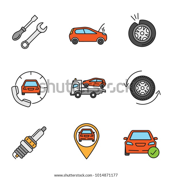 Auto workshop color icons set. Screwdriver
and spanner, broken car, punctured tire, roadside assistance, tow
truck, wheel changing, spark plug, gps, total check. Isolated
vector illustrations