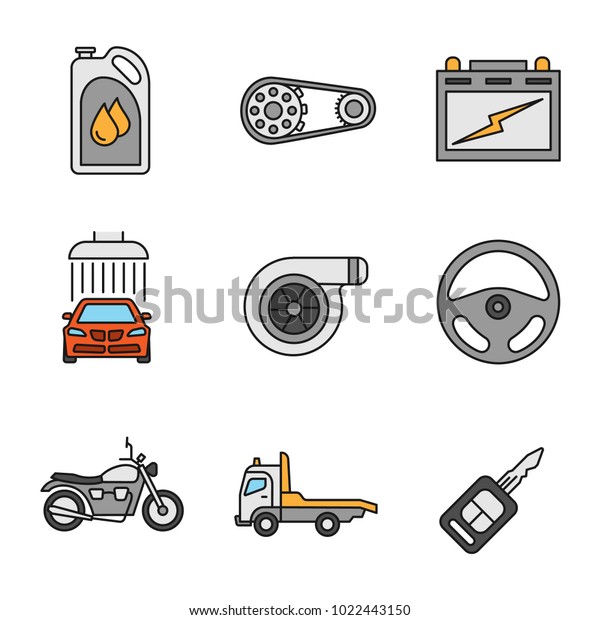 Auto workshop color\
icons set. Motor oil, sprocket wheel, automotive battery, car\
washing, turbocharger, rudder, motorbike, tow truck, key. Isolated\
vector illustrations