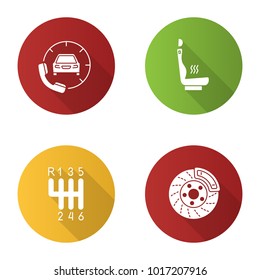 Auto workshop flat design long shadow glyph icons set. Car with handset, heated car seat, gear stick, disc brake. Vector silhouette illustration