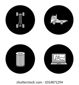 Auto workshop glyph icons set. Car chassis frame, tow truck, air filter, computer diagnostics. Vector white silhouettes illustrations in black circles