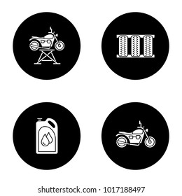 Auto workshop glyph icons set. Motorbike jack, car tires, motor oil, motorcycle. Vector white silhouettes illustrations in black circles