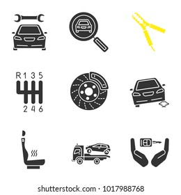 Auto workshop glyph icons set. Repair service, car searching, auto jumper, gear stick, disk brake, jack, heated seat, tow truck, key in hands. Silhouette symbols. Vector isolated illustration