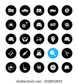 Auto workshop glyph icons set. Car service. Instruments, equipment and spare parts. Vector white silhouettes illustrations in black circles