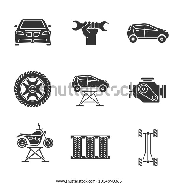 Auto workshop glyph icons\
set. Spanner in hand, tire and rim, car, auto jack, engine,\
motorbike lift, chassis frame. Silhouette symbols. Vector isolated\
illustration