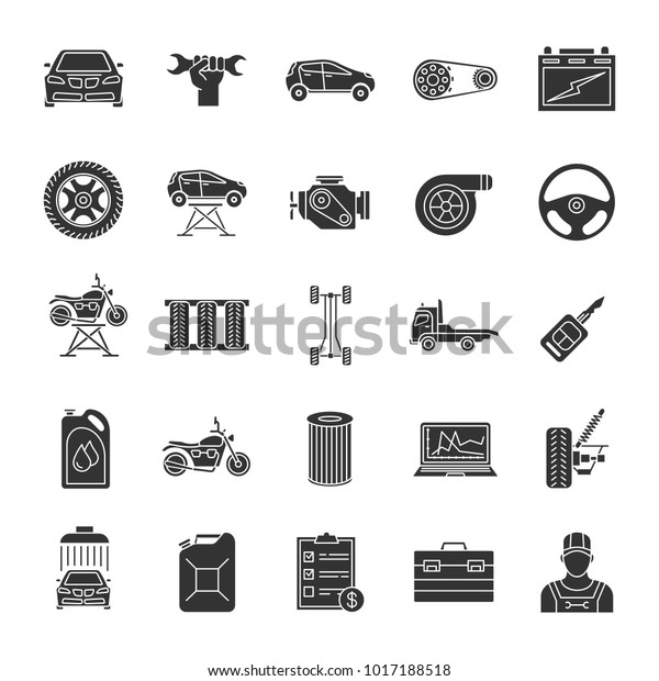Auto workshop glyph icons set. Car service.\
Instruments, equipment and spare parts. Silhouette symbols. Vector\
isolated illustration