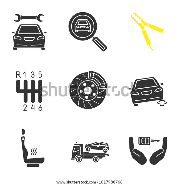 Auto workshop glyph icons set. Repair\
service, car searching, auto jumper, gear stick, disk brake, jack,\
heated seat, tow truck, key in hands. Silhouette symbols. Vector\
isolated illustration