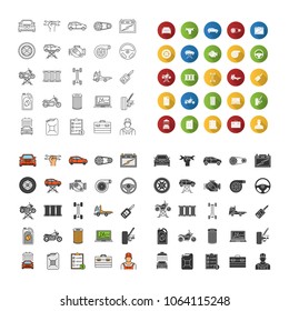 Auto workshop icons set. Car service. Instruments, equipment and spare parts. Linear, flat design, color and glyph styles. isolated vector illustrations