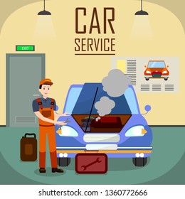 Auto Workshop Interior Vector Banner Template. Expert Car Service Typography. Vehicle Engine Failure Flat Illustration. Young Repairman, Mechanic Holding Spanner, Wrench Cartoon Character