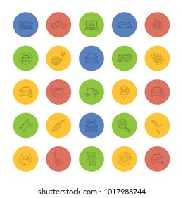 Auto workshop linear icons. Car service. Instruments, equipment and spare parts. Thin line outline symbols on color background. Vector illustration