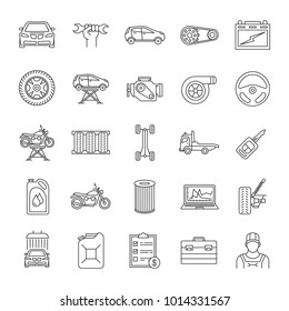 Auto workshop linear icons set. Car service. Instruments, equipment and spare parts. Thin line contour symbols. Isolated vector outline illustrations. Editable stroke