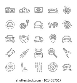 Auto workshop linear icons set. Car service. Instruments, equipment and spare parts. Thin line contour symbols. Isolated vector outline illustrations. Editable stroke