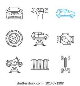 Auto workshop linear icons set. Spanner in hand, tire and rim, car, auto jack, engine, motorbike lift, chassis frame. Thin line contour symbols. Isolated vector outline illustrations