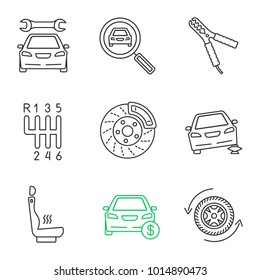 Auto workshop linear icons set. Repair service, car search, auto jumper, gear stick, disk brake, jack, heated seat, buying auto, wheel. Thin line contour symbols. Isolated vector outline illustrations