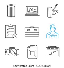 Auto workshop linear icons set. Air filter, diagnostics, car suspension, invoice, toolbox, repairman, engine, jerry can, auto battery. Thin line contour symbols. Isolated vector outline illustrations