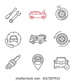 Auto workshop linear icons set. Repair service, broken car, tire puncture, assistance, tow truck, wheel, spark plug, gps, total check. Thin line contour symbols. Isolated vector outline illustrations