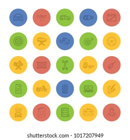 Auto workshop linear icons set. Car service. Instruments, equipment and spare parts. Thin line outline symbols on color background. Vector illustrations