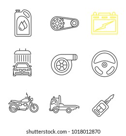 Auto workshop linear icons set. Motor oil, pulley, automotive battery, car washing, turbocharger, rudder, motorbike, tow truck, key. Thin line contour symbols. Isolated vector outline illustrations