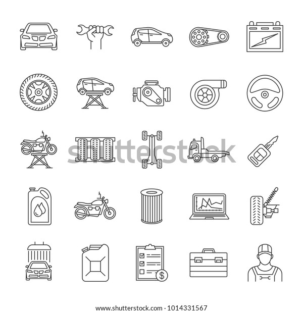 Auto workshop linear icons\
set. Car service. Instruments, equipment and spare parts. Thin line\
contour symbols. Isolated vector outline illustrations. Editable\
stroke